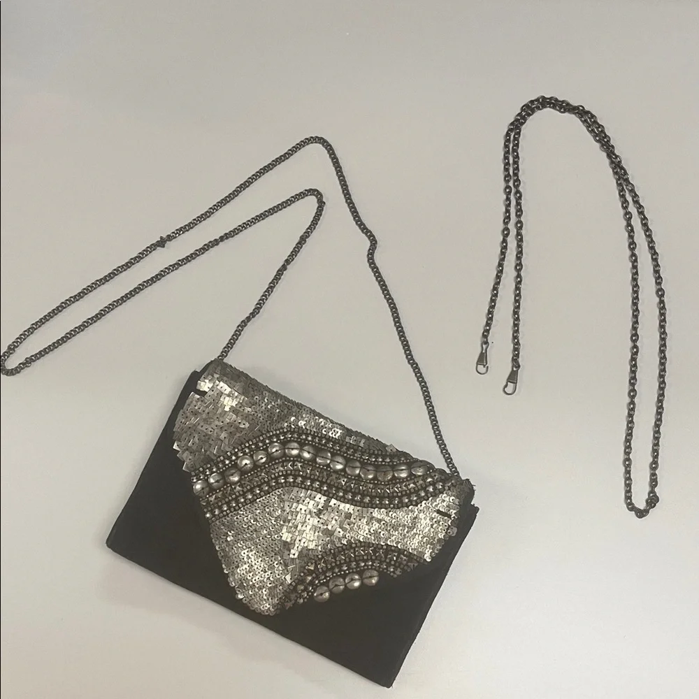 Ecote Black and Silver Sequin Clutch Crossbody Evening Bag